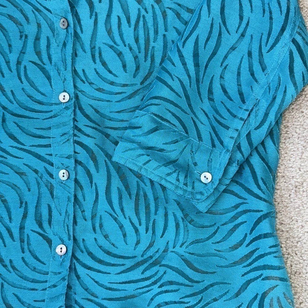 Vintage Mirasol Turquoise Burnout Shirt Flax Blend  Button Up Lightweight Medium - Picture 8 of 9
